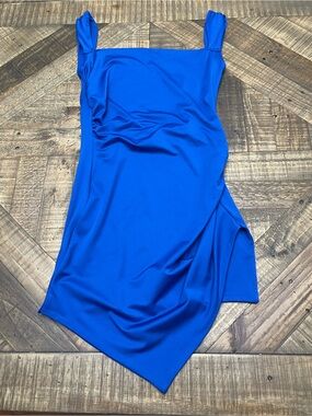 Vibrant Cobalt Blue Ruched Asymmetric Mini Dress